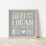 Póster Gray Baby Name and Birth Stats | Editable Colors<br><div class="desc">Affordable keepsake nursery art print personalized with your baby's name, birthday, birth stats or other custom text. Click the Customize It button to choose any background color, customize fonts, add your own text and photos to create your own unique one of a kind design! A wonderful unique gift for new...</div>