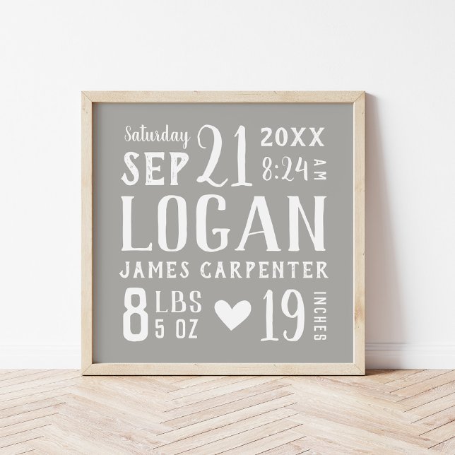 Póster Gray Baby Name and Birth Stats | Editable Colors (Subido por el creador)
