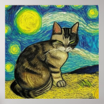 Gray Tabby Cat Starry Night Artwork Van Gogh