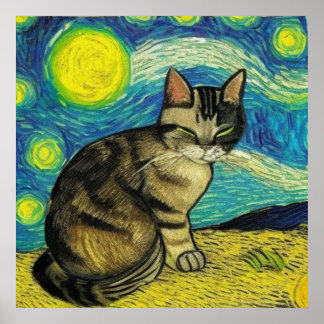 Póster Gray Tabby Cat Starry Night Artwork Van Gogh