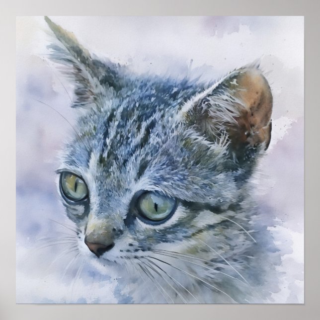 Póster Gray Tabby Kitten Watercolor Style Art (Frente)