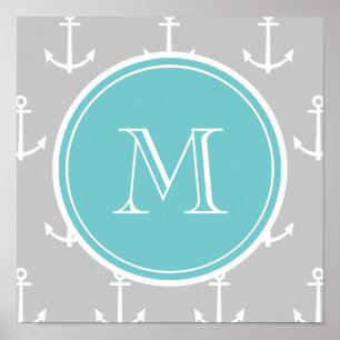 Póster Gray White Anchors Pattern, Teal Monogram