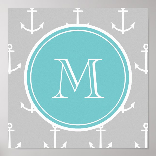 Póster Gray White Anchors Pattern, Teal Monogram (Frente)
