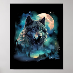 Póster Gray Wolf Hunting Grounts Icy Moon Forest Galaxy