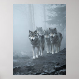 Póster Gray Wolves in Thick Mist