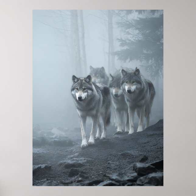 Póster Gray Wolves in Thick Mist (Frente)