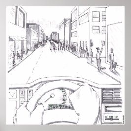 Póster Grayscale Illustration Point of View of Driving
