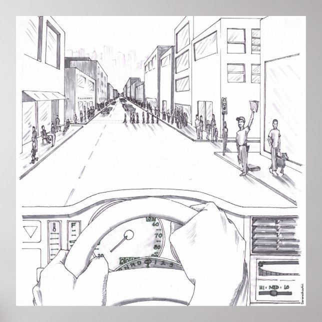 Póster Grayscale Illustration Point of View of Driving (Frente)