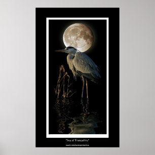 Póster GREAT BLUE HERON, REEDS & MOON Art Print