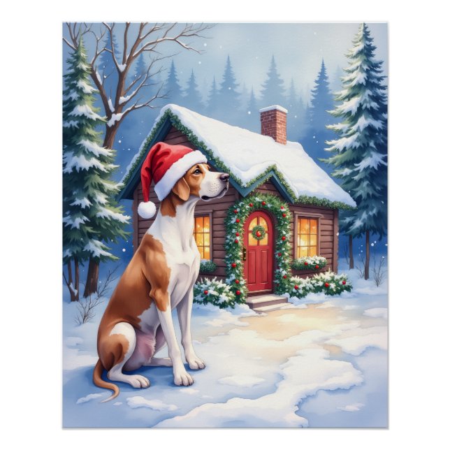 Póster Great Dane Snowy Cabin Santa Hat Christmas Art (Anverso)