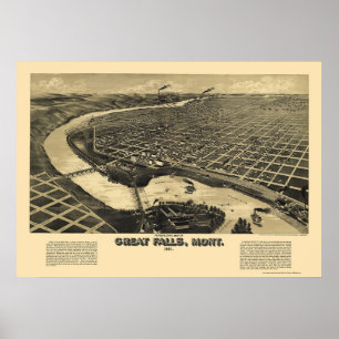 Póster Great Falls, mapa panorámico de la TA - 1891