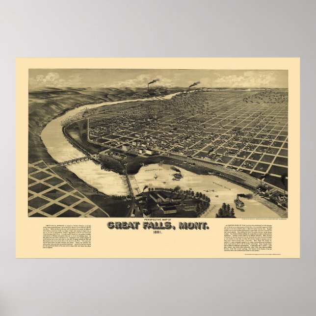 Póster Great Falls, MT Panoramic Map - 1891 (Frente)