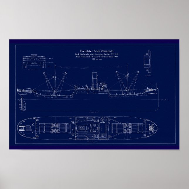 Póster Great Lakes Freighter Lake Fernando Blueprint (Frente)