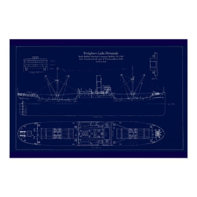 Póster Great Lakes Freighter Lake Fernando Blueprint (Anverso)