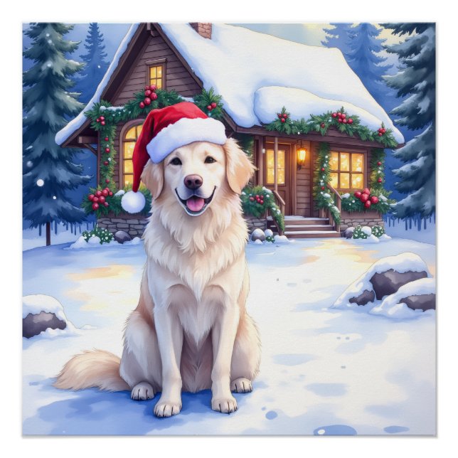 Póster Great Pyrenees Snowy Mountain Lodge Santa Hat (Anverso)