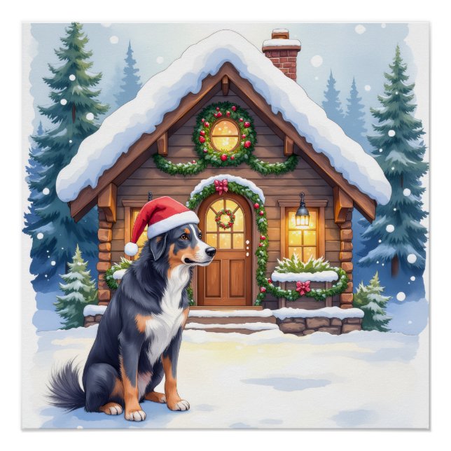 Póster Greater Swiss Mountain Dog Snowy Cabin Santa Hat (Anverso)