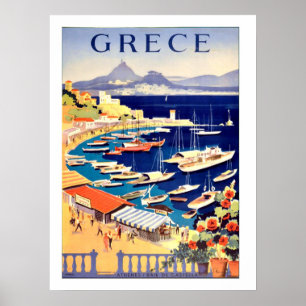 Póster Grecia, barcos pesqueros en un pequeño marino