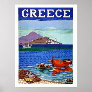 Póster Grecia, costa, barco pesquero en el agua, vintage