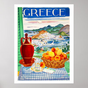Póster Grecia, frutas sobre la mesa, vistas al paisaje de