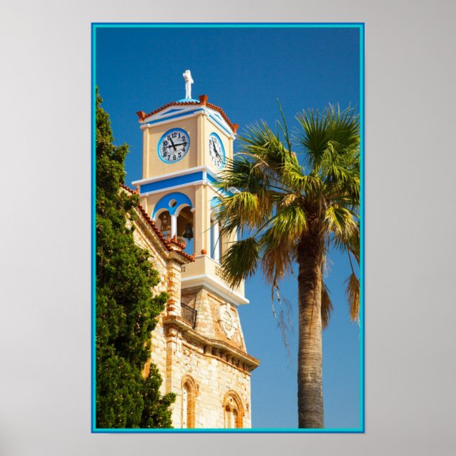 Póster Grecia - Iglesia griega ortodoxa con palmera (Frente)