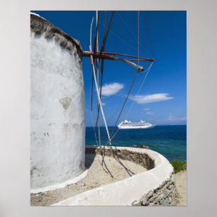 Póster Grecia, islas Cícladas, Mykonos, antiguo molino de