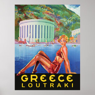 Póster Grecia, Loutraki, chica en la playa, vintage