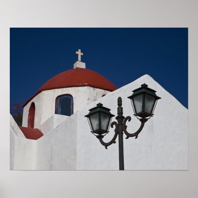 Póster Grecia, Mykonos, capilla con cúpula roja y (Frente)