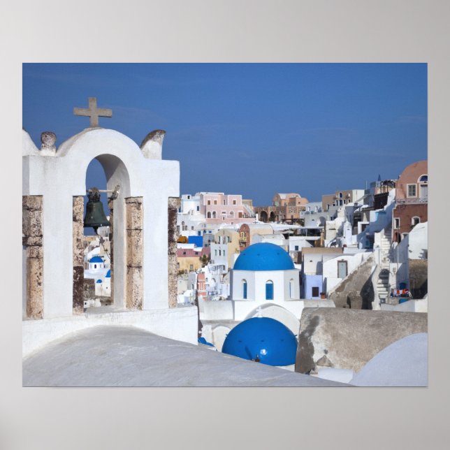 Póster Grecia, Santorini. Torre de campanas y cúpulas azu (Frente)