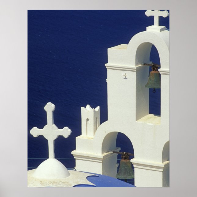 Póster Grecia, Santorini. Vista de una iglesia griega y (Frente)