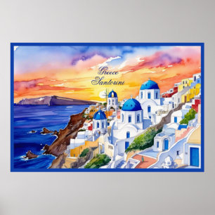 Póster Grecia Santorini Watercolor Sketch Aegean Sea