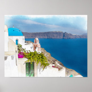Póster Grecian Paradise. Pintura acuática de Santorini