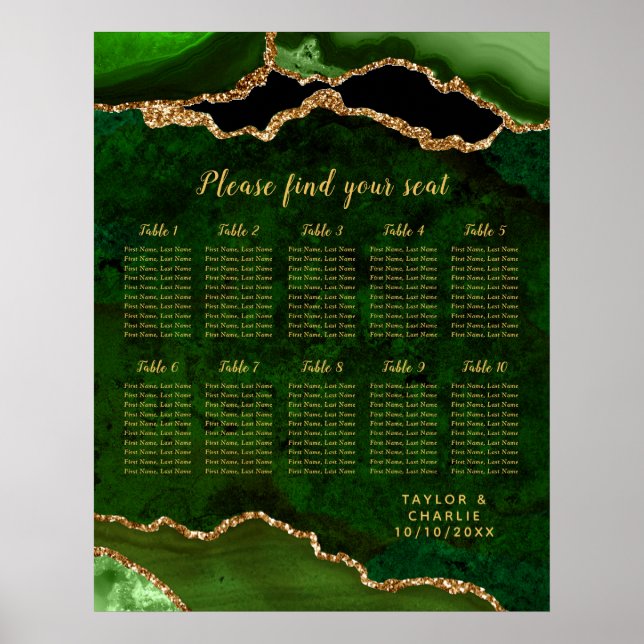 Póster Green and Gold Agate Wedding Seating Chart (Frente)