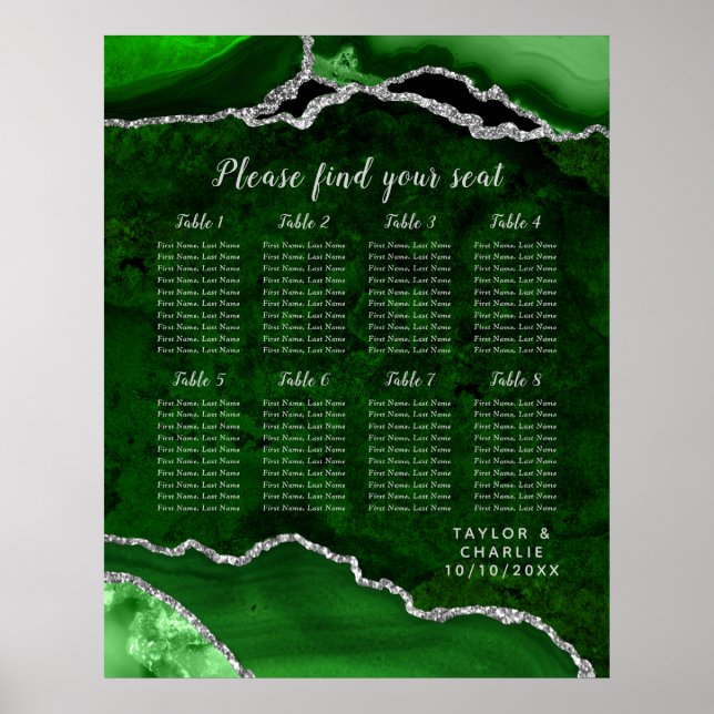 Póster Green and Silver Agate Wedding Seating Chart (Frente)