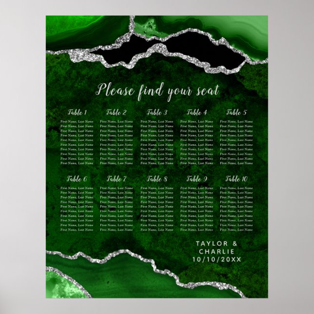 Póster Green and Silver Agate Wedding Seating Chart (Frente)