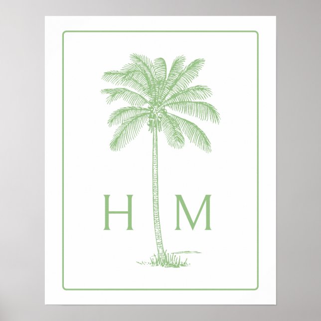Póster Green and White Palm Palmetto Tree Monogram (Frente)