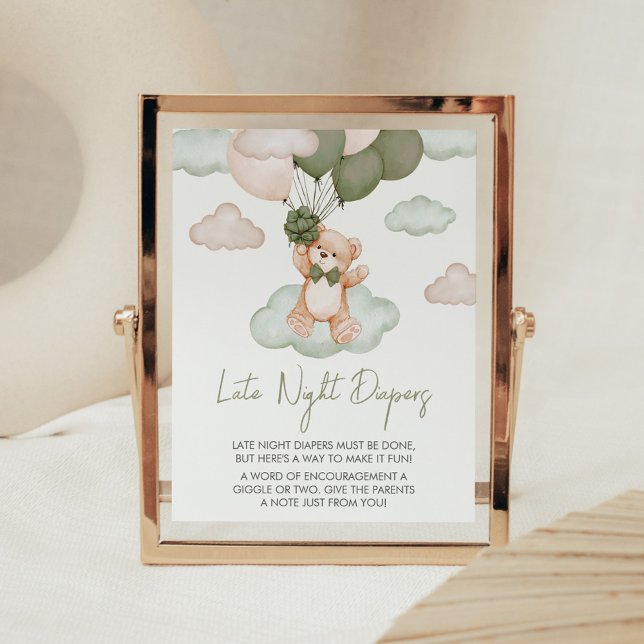 Póster Green Baby Bear Balloon Late Night Diers (Green Bear Balloon Bearly Wait Baby Shower Late Night Diapers Sign)