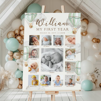 Póster Green Beary First Birthday Photo Timeline