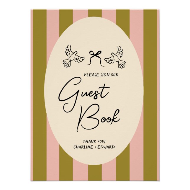 Póster Green Blush Pink Striped Wedding Guestbook Sign (Anverso)