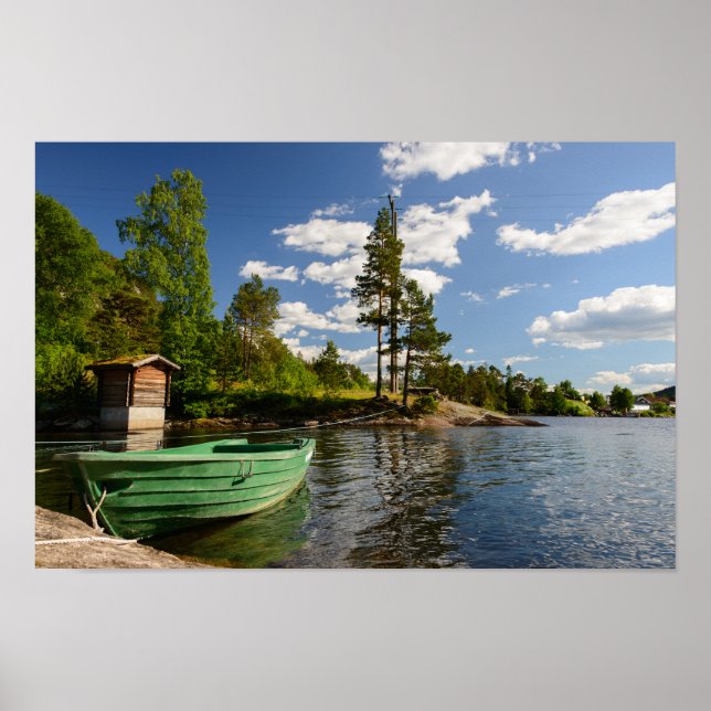 Póster Green boat in a fjord in Norway poster print (Frente)
