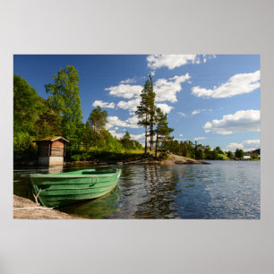 Póster Green boat in a fjord in Norway poster print