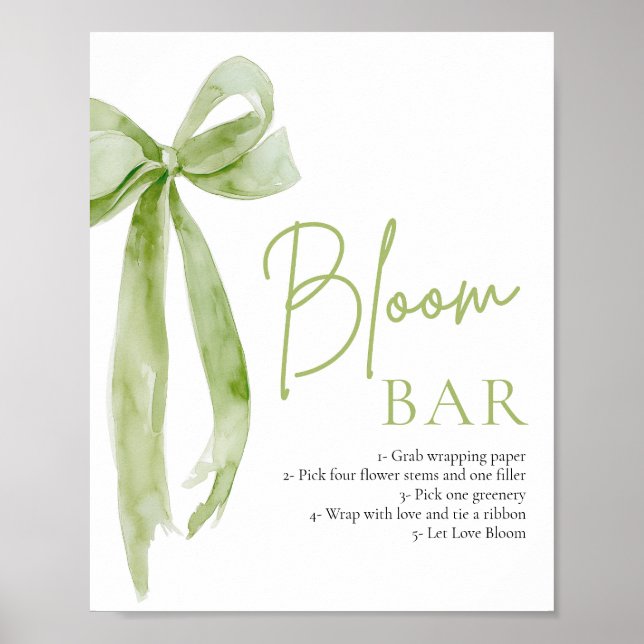 Póster Green Bow Bridal Shower Flower Bloom Bar Rótulo (Frente)