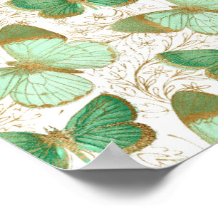 Póster Green Butterfly White Floral Flower Blossom