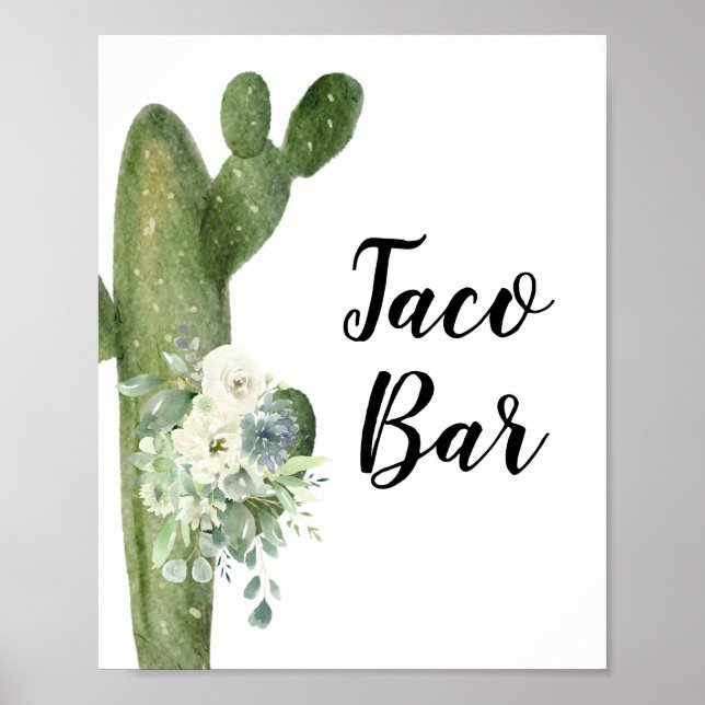 Póster Green Cactus Taco Bar Bridal Shower Floral Rótulo (Frente)