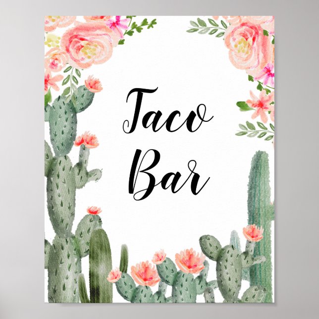 Póster Green Cactus Taco Bar Bridal Shower Pink Floral (Frente)