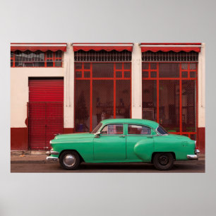 Póster Green Classic Car, Cuba