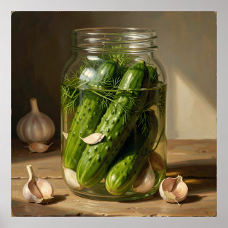 Póster Green Cucumbers, Dill Sprigs and Garlic Cloves Art