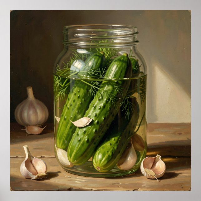 Póster Green Cucumbers, Dill Sprigs and Garlic Cloves Art (Frente)