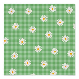Póster Green Daisy Plaid Gingham Check Flower Pattern