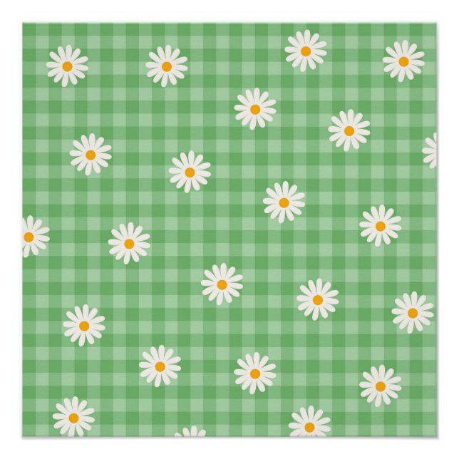 Póster Green Daisy Plaid Gingham Check Flower Pattern (Anverso)
