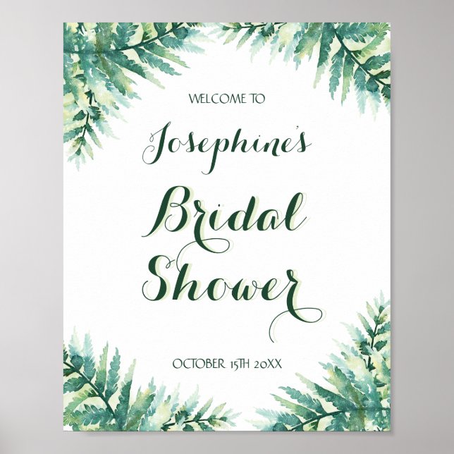 Póster Green Fern Watercolor Bridal Shower (Frente)
